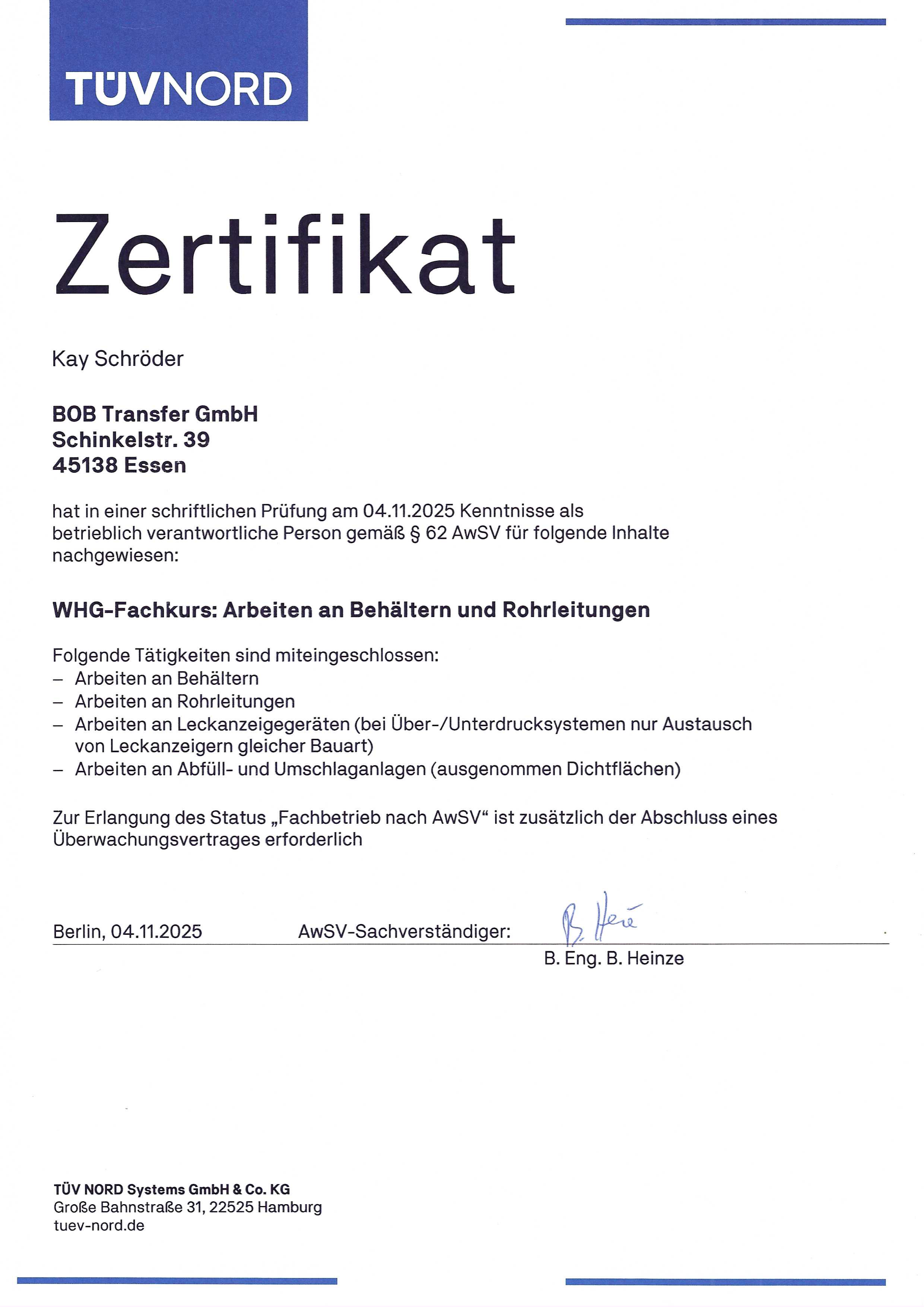 Zertifikat WHG-Fachkurs