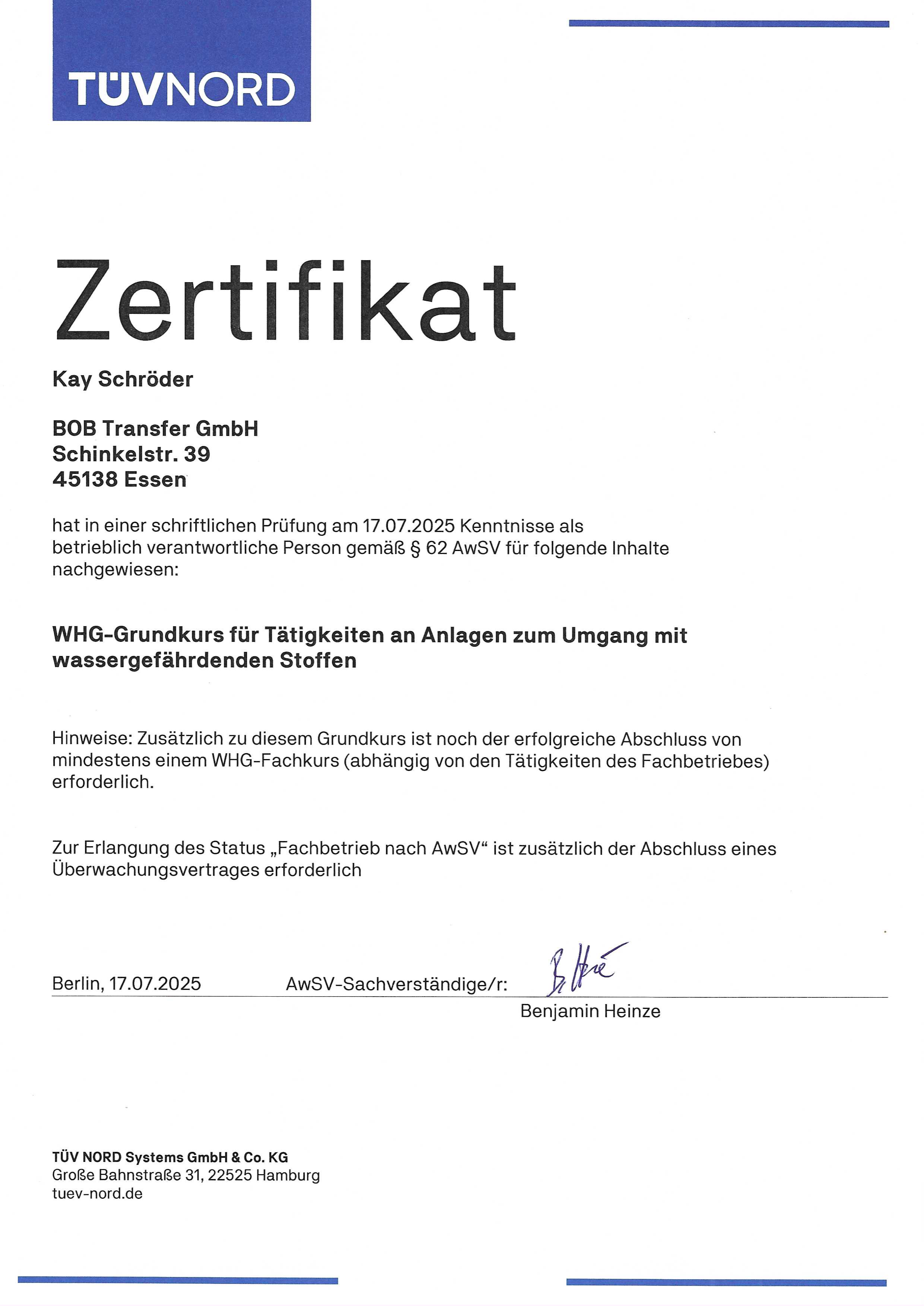 Zertifikat WHG-Grundkurs